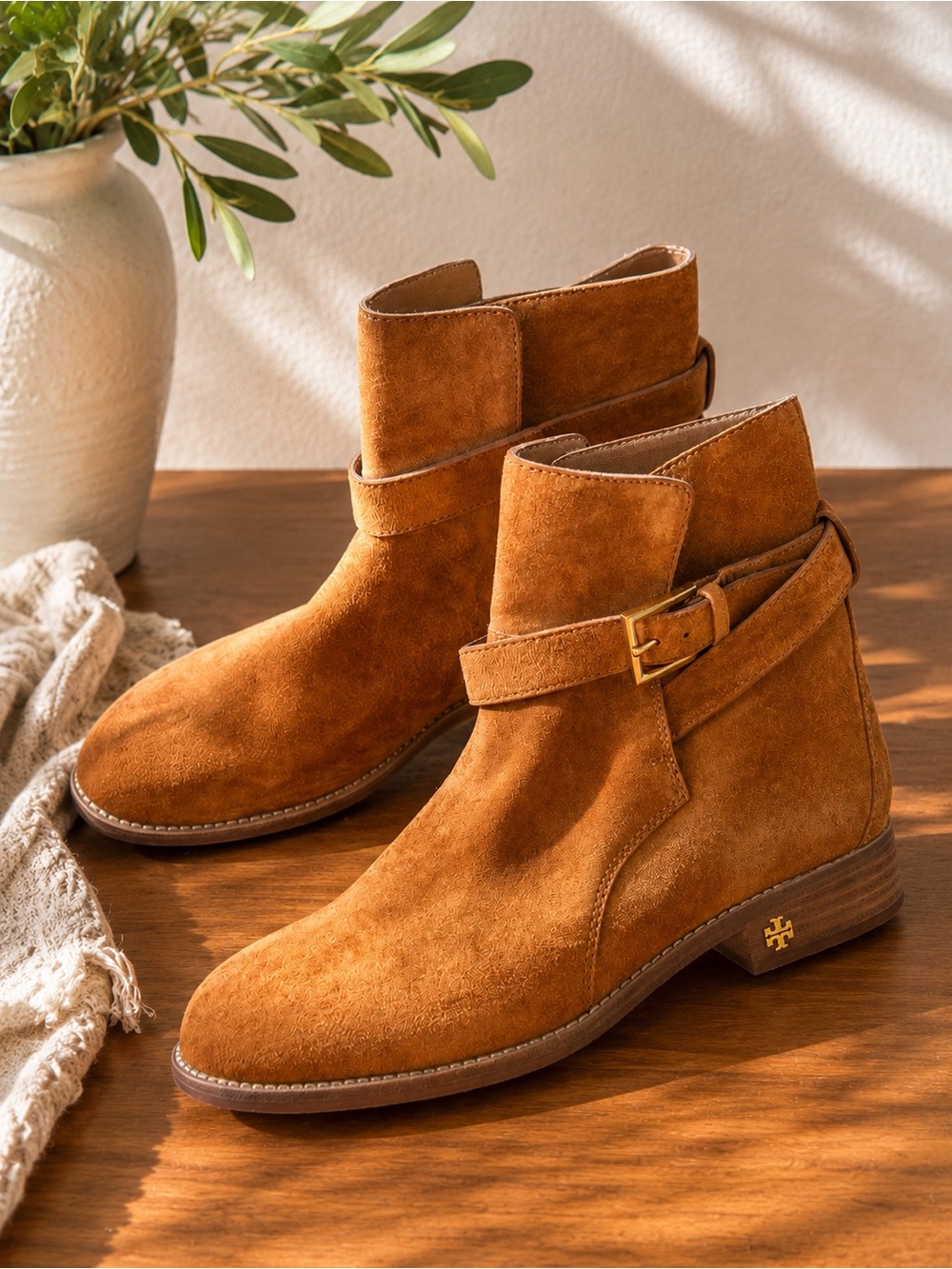 Tory Burch Brooke Ankle Boots Tan Suede Riding Booties Double-T Buckle 7.5 NWOT